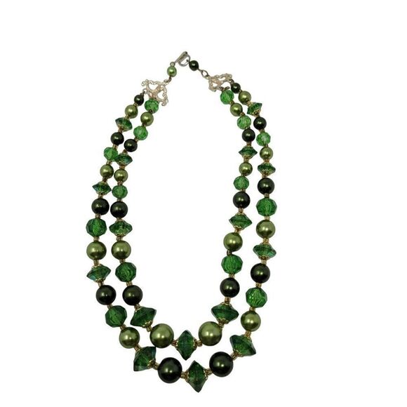 Vintage 80s Double Strand Choker Necklace‎ Green Gold Beaded Multi-strand - Picture 4 of 14